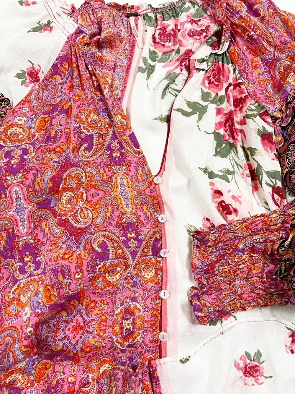 Free People Womens Pink Mixed Pattern Button Front Gemini Blouse Size Medium